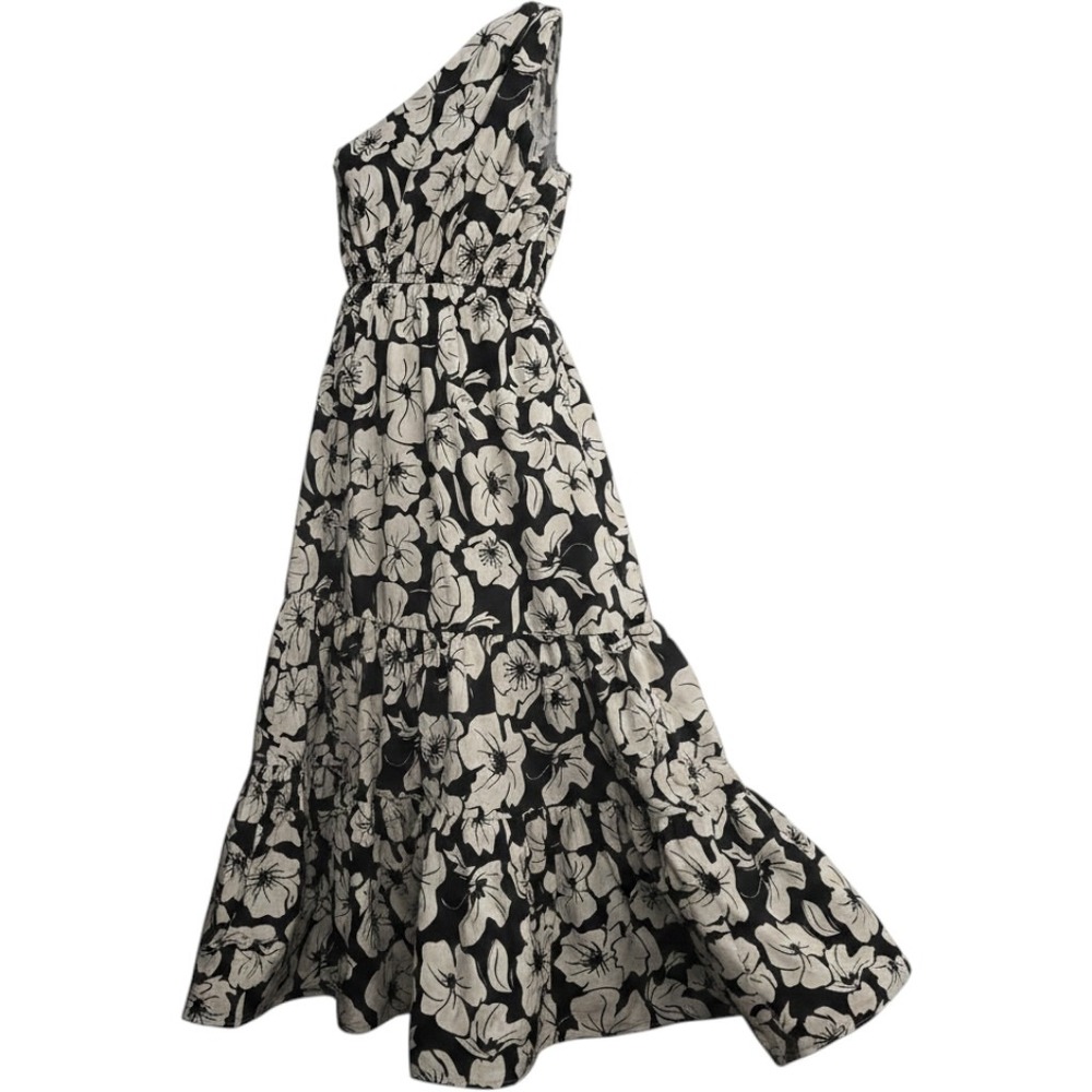 English Factory One Shoulder Maxi Dress XS Black White Floral Tiered Wedding